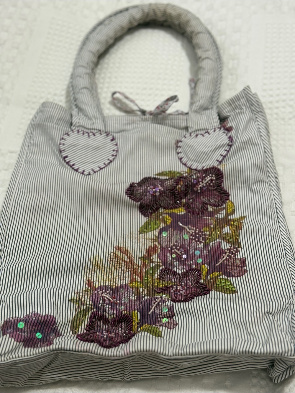 Striped Tote Bag with Purple Floral Embroidery